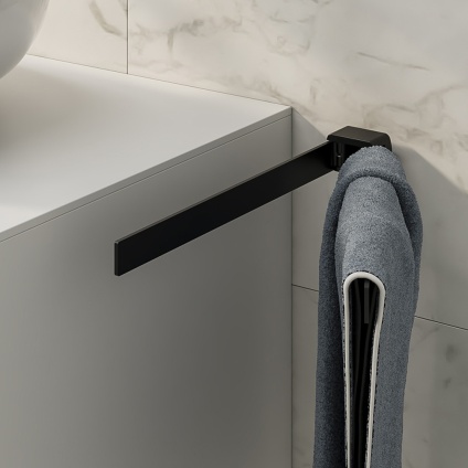 product lifestyle image of origins living pirenei matt black double swing towel rail on wall next to unit